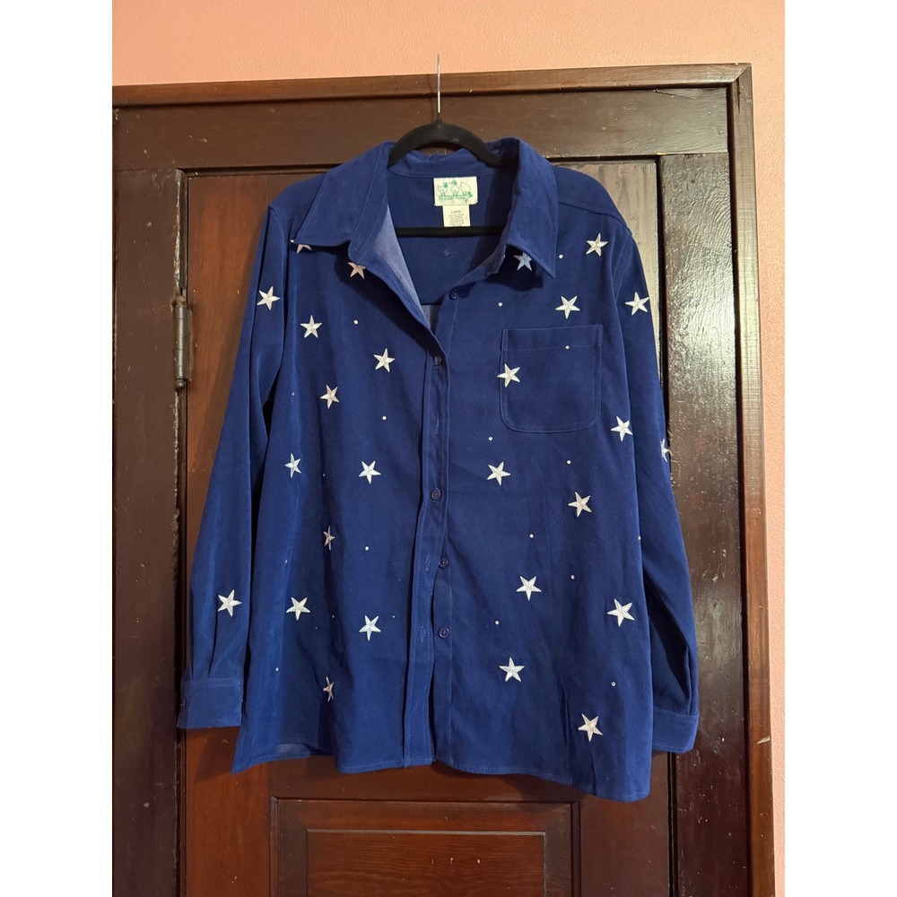 The Quacker Factory Womens Blue Star Embroidered Rhinestone Button Front Shirt L
